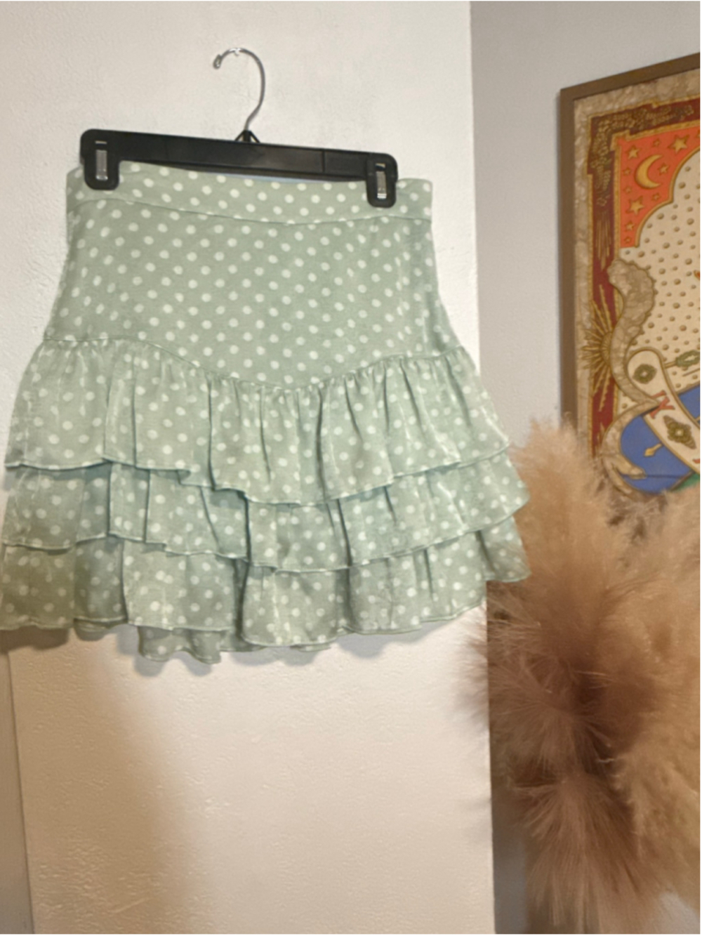 Preowned, Women's Zara Green/White Polka Dot Ruffled Mini Skirt, Size Medium